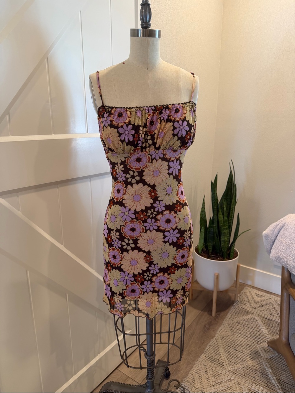 Princess Polly Brown Floral Mini Dress with Lavender & Cream Blooms